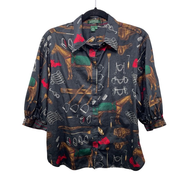 Lauren Ralph Lauren Tops - Lauren Ralph Lauren Equestrian Horse Bridle Button Up Shirt Black Old Money XL